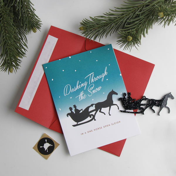 dashing through the snow jingle bells christmas card for horse lovers