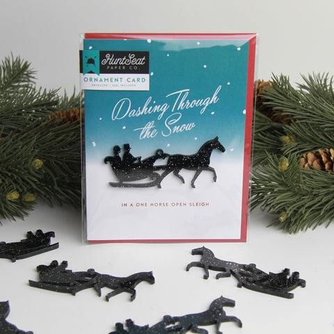 Dashing through the snow christmas card with horse-drawn sleigh christmas tree ornament included