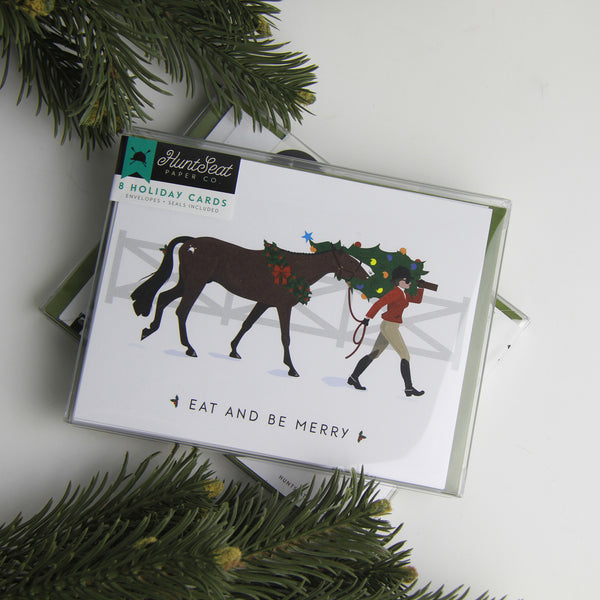 eat and be merry christmas card with horse eating christmas tree, equestrian christmas card