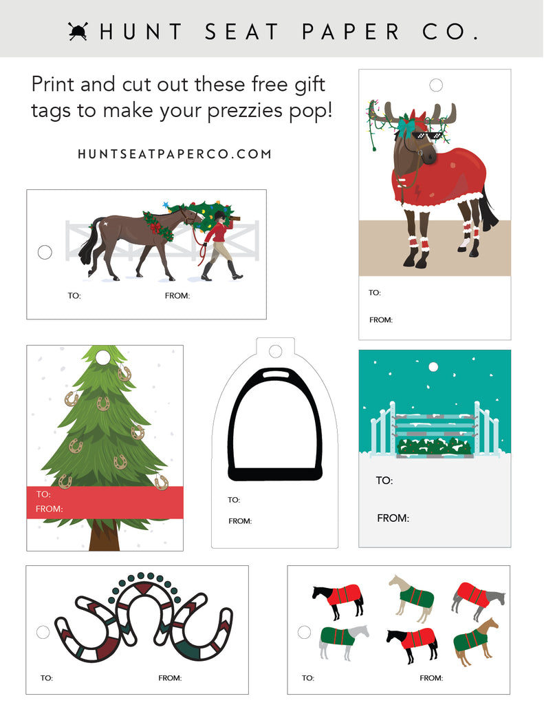 Free downloadable gift tags with horses for the most perfect equestrian gift wrapping. These gift tags have images of horses and equestrian-themed styles that you can print on your home printer for free.