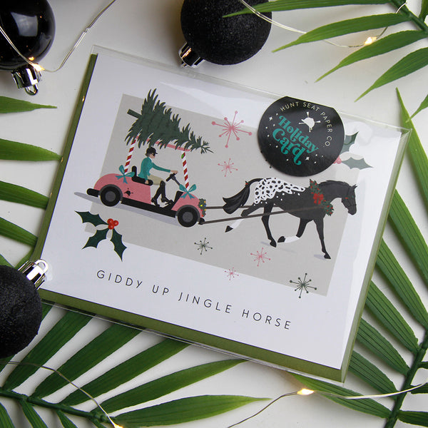 equestrian christmas card with horse and golf cart, funny equestrian holiday card for horse lovers, equestrian styationery