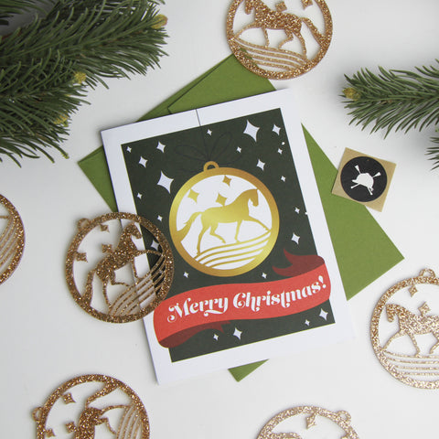 Horse christmas card with removeable glittery-gold christmas ornament included, reads Merry Christmas