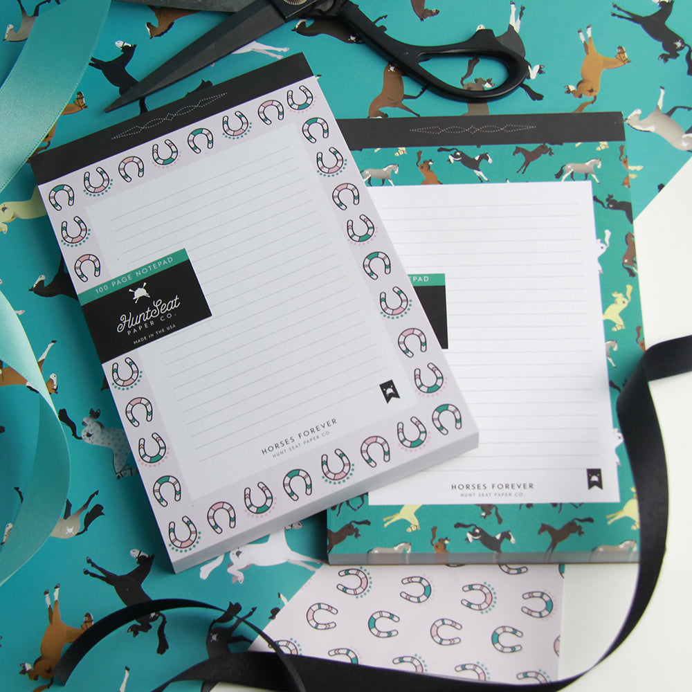 horse notepads with horse shoes and jumping ponies, great horse gift idea for equestrian