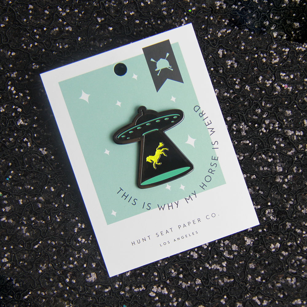 UFO abducting a horse lapel pin, equestrian gag gift