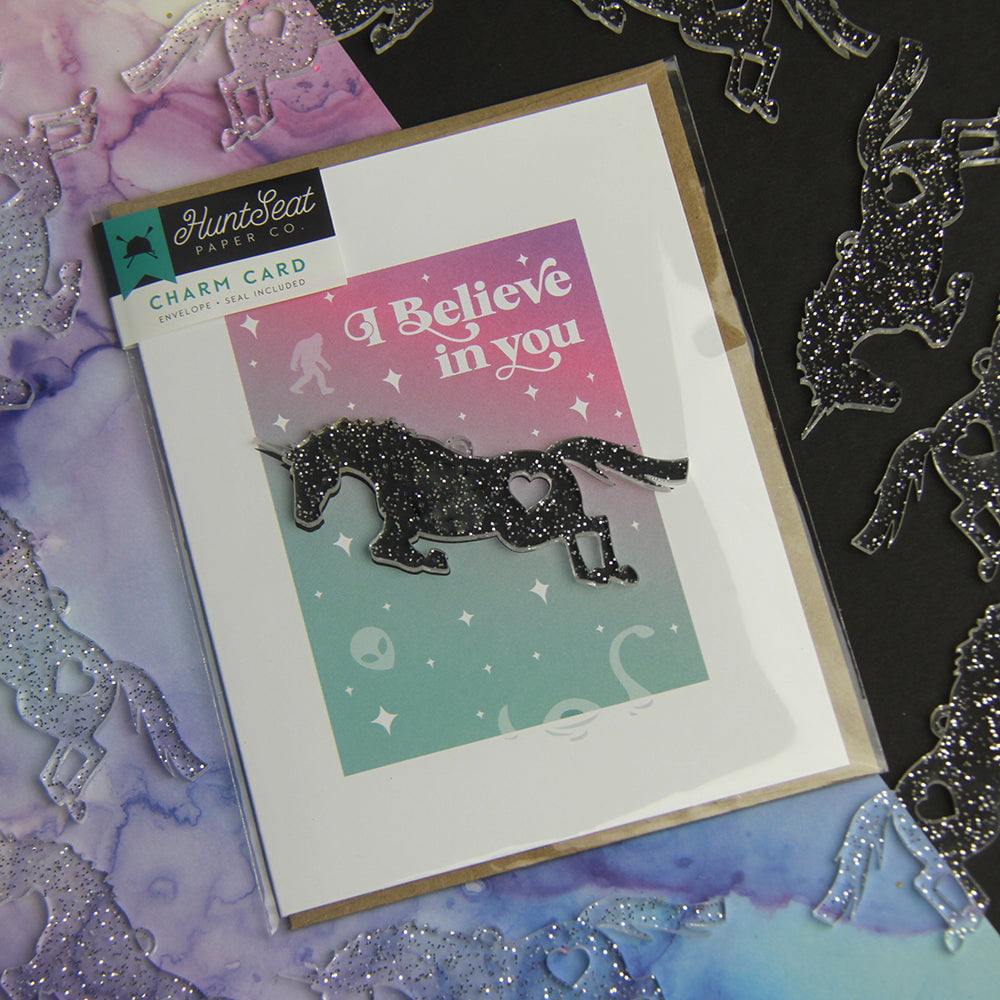 Funny unicorn greeting card with alien, big foot and the loch ness monster that says "I Believe"