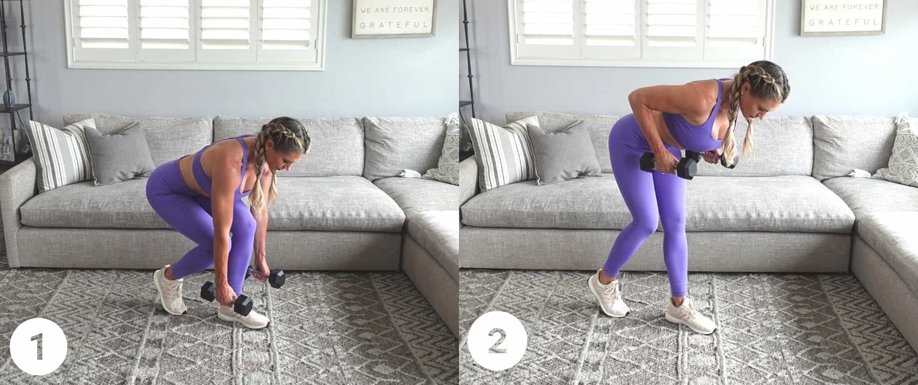 Trainer Kim Lyons demonstrating a modified single leg squat while holding two dumbbells and the second part of a modified single leg squat with a row