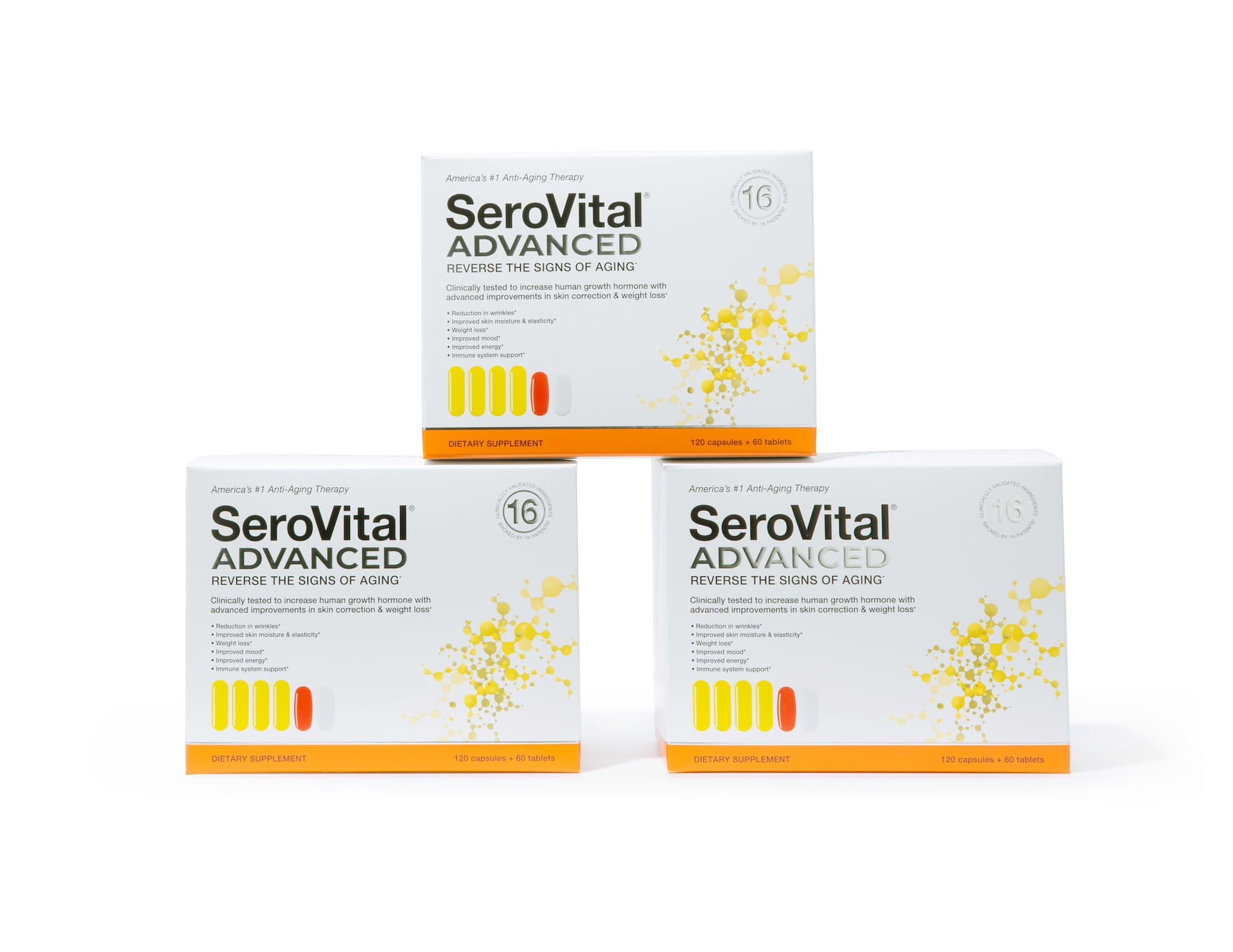 Three boxes of women’s supplement SeroVital ADVANCED on a white background.