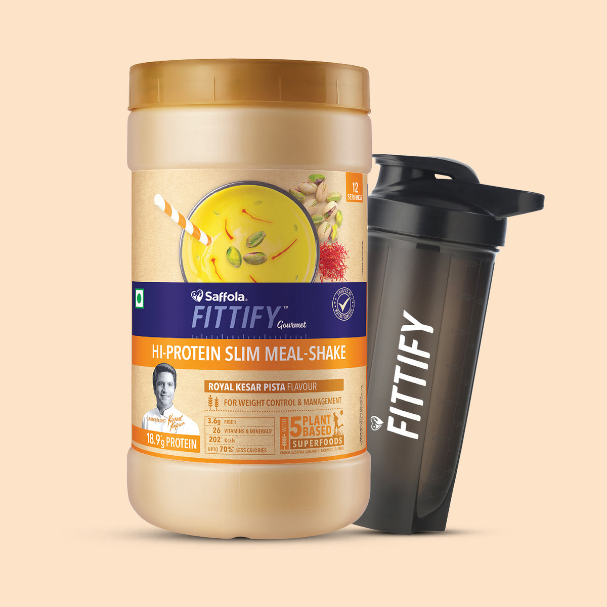 Saffola Fittify Hi-Protein Slim Meal Shake - Royal Kesar Pista 420g + Premium Plastic Shaker 700ml