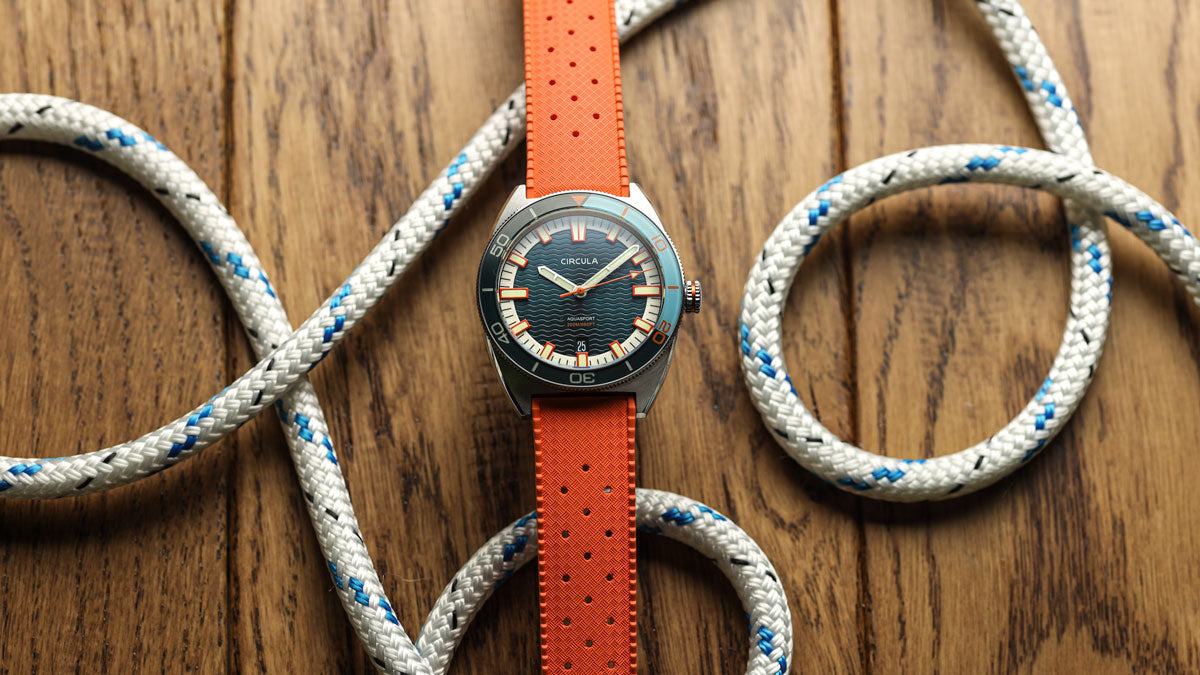 Circula AquaSport II on WatchGecko Vintage Tropical Style FKM Rubber Watch Strap