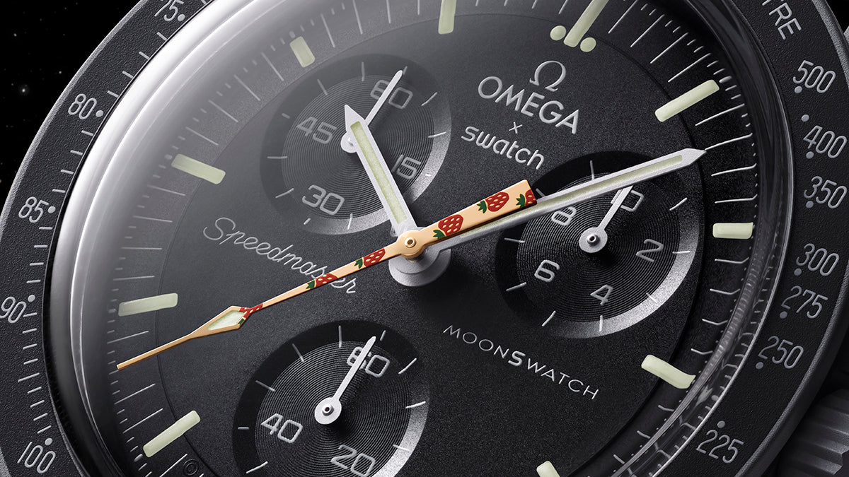 Close up photo of the “Mission to Moonshine Gold” version of the OMEGA x Swatch ‘MoonSwatch’