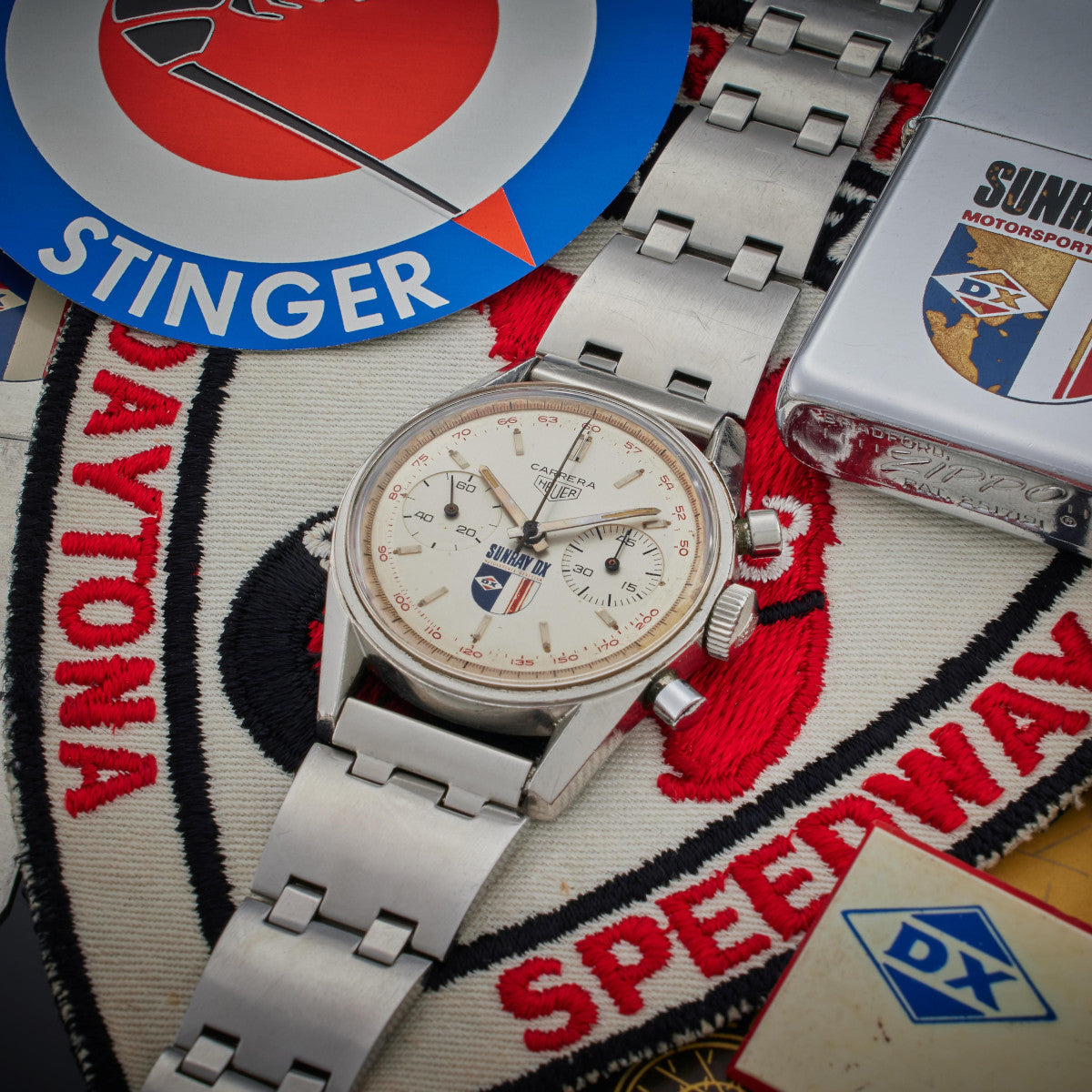 'Sunray DX Motorsports Division' logo dial, Heuer Carrera stainless steel chronograph