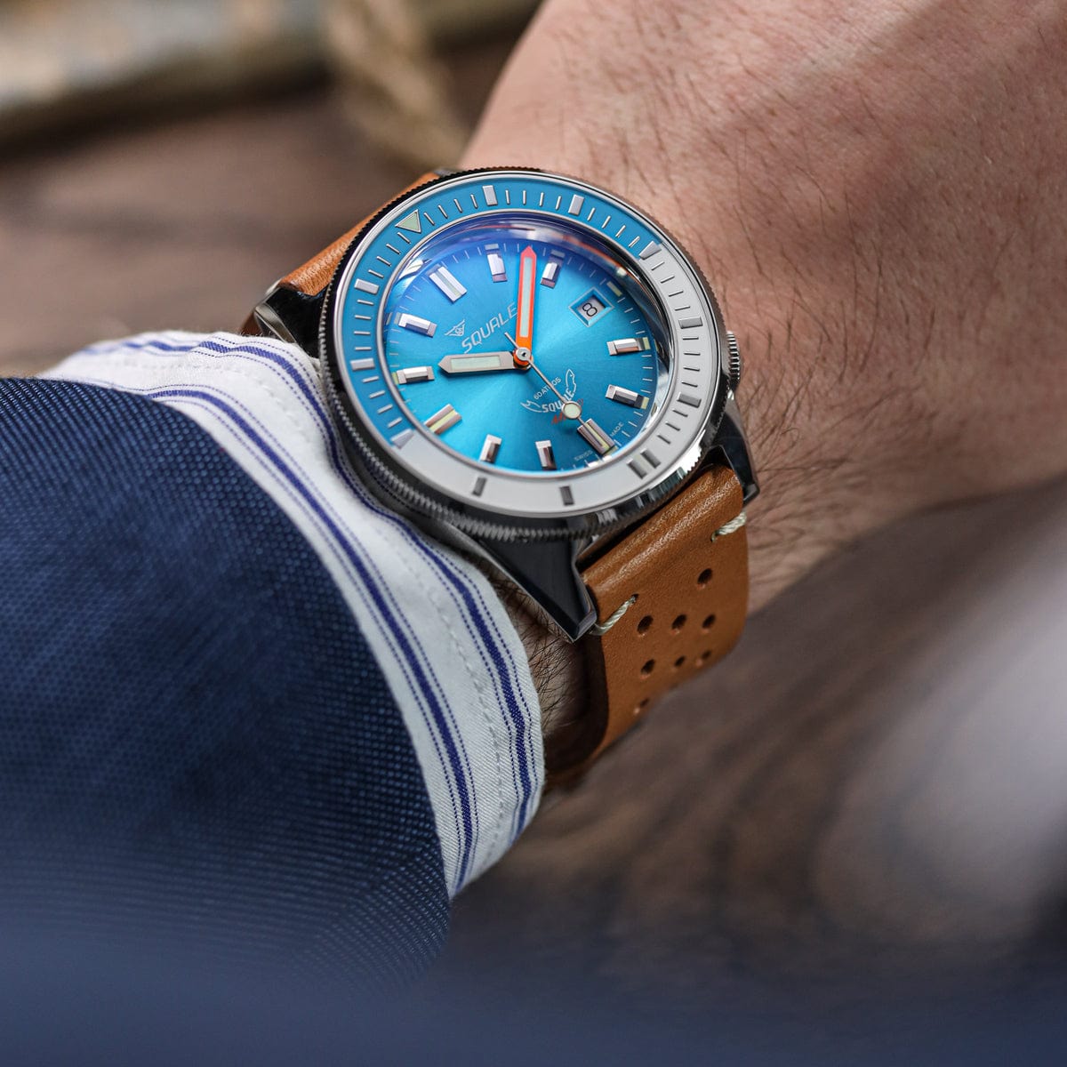 Interpretatie hebben Spotlijster Squale Matic Swiss Diver's Watch - Brown Leather Strap - Light Blue