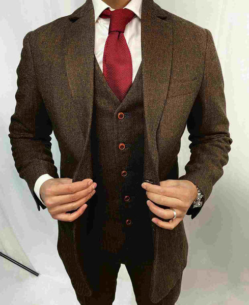 Brown Estate Herringbone 3 Piece Tweed Suit – Abitto-USA