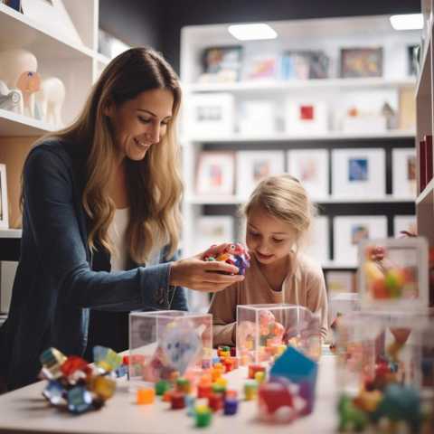 mère avec sa fille dans un magasin de jouets éducatifs