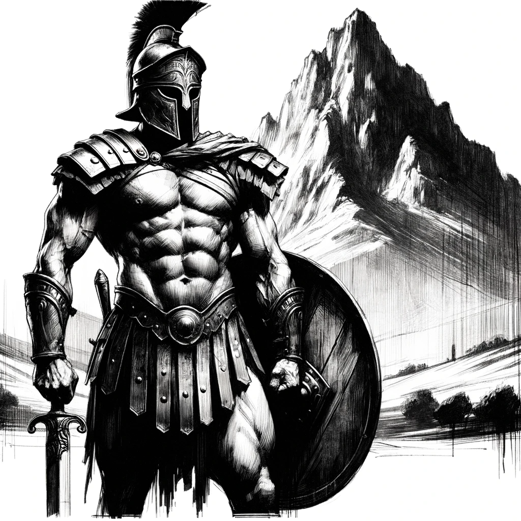 DALL·E 2023-12-28 17.53.32 - A black and white sketch of a gladiator standing by a mountain. The gladiator, of Roman descent, is depicted in a heroic stance, conveying strength an.png__PID:07455aef-49e3-4f23-b766-91dd53f44ba2