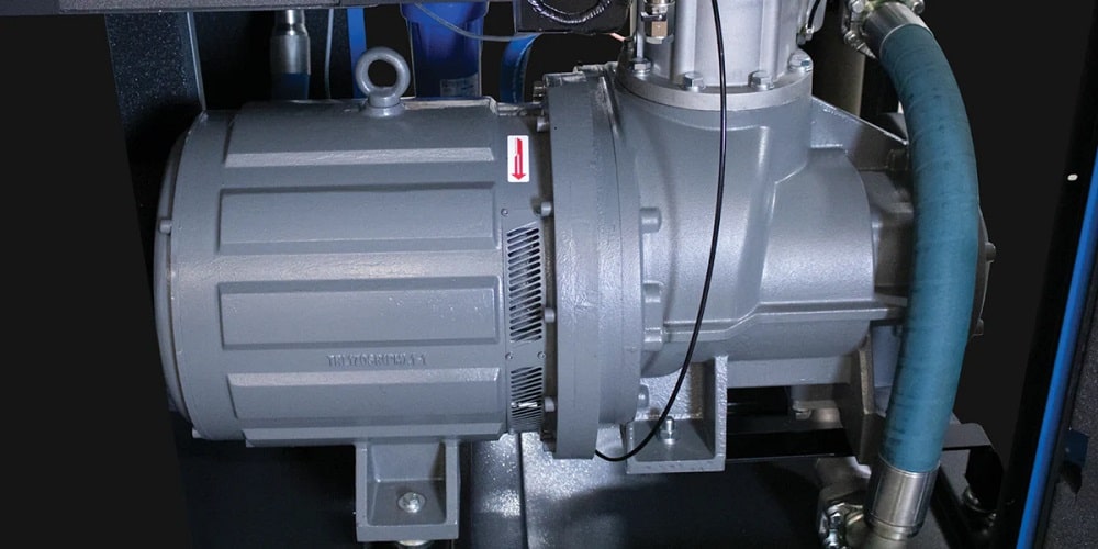 The interior of the motor chamber for a commercial rotary screw air compressor