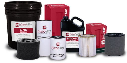 An arrangement of different types of air compressor oil and oil filters from the Fluid-Aire Dynamics Extend-Aire program