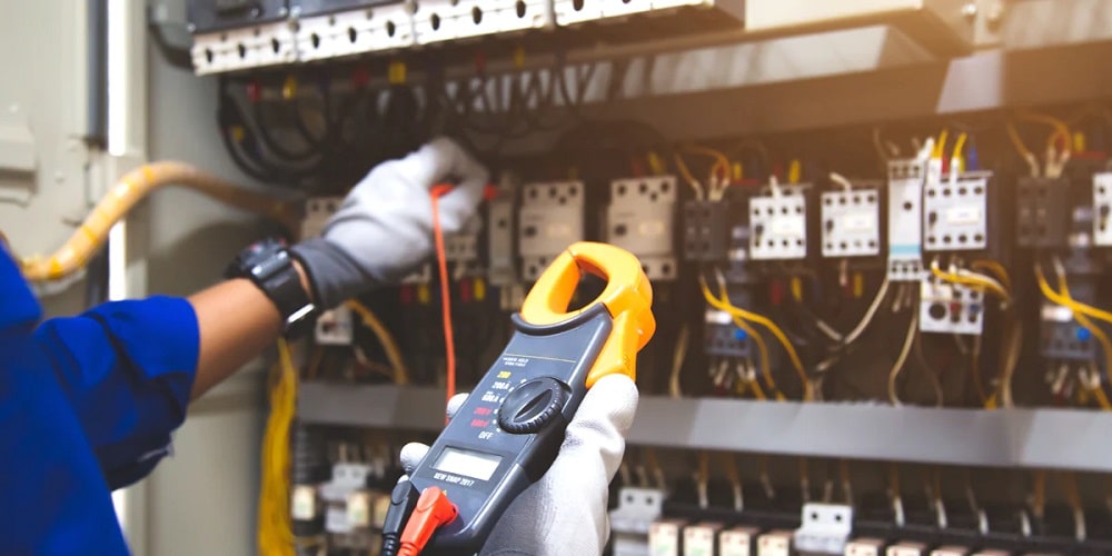 The interior of a commercial circuit box in a manufacturing setting