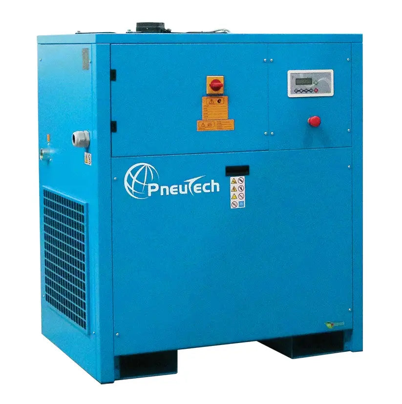 Rotary screw air compressor with integrated air cooler.