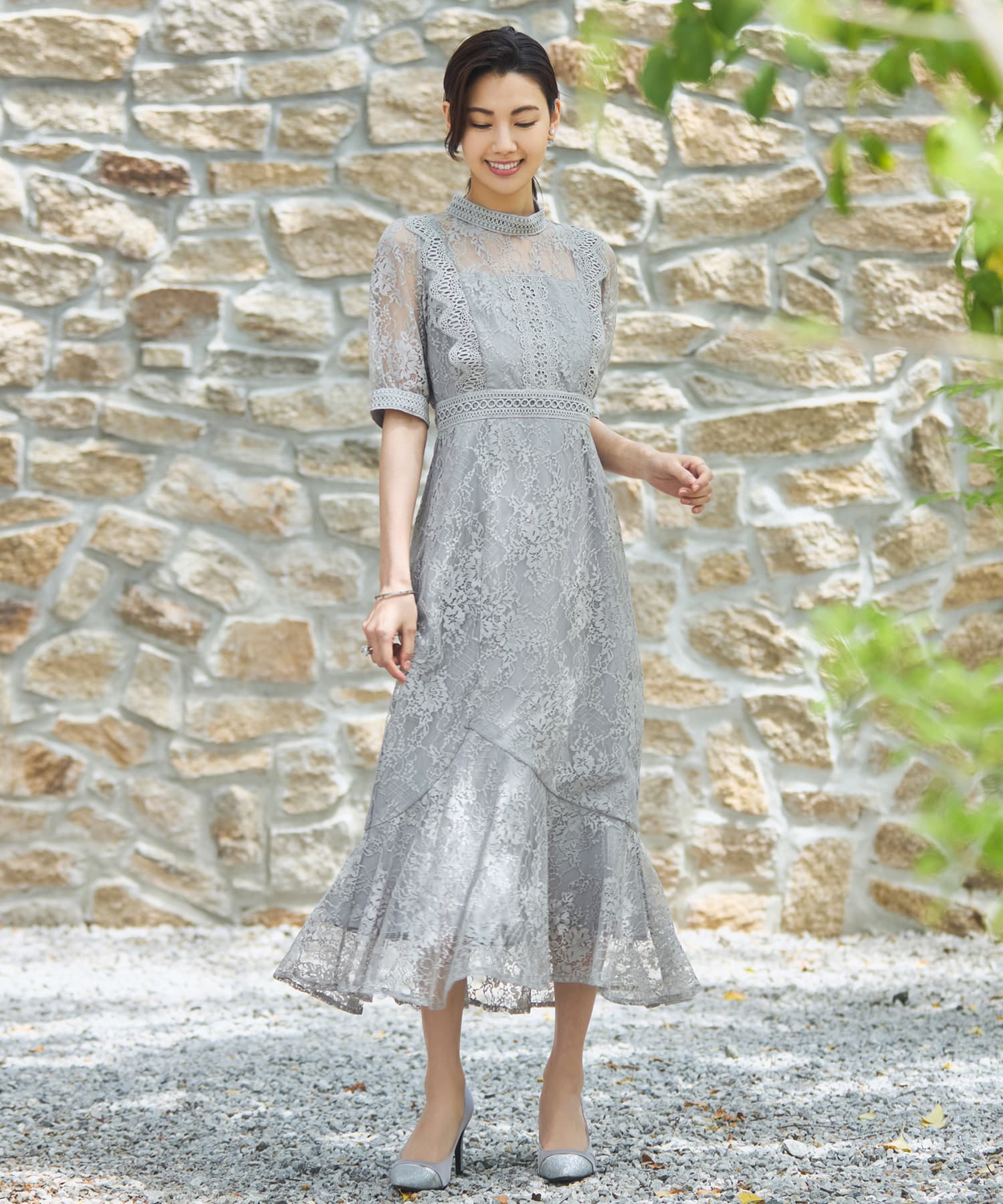 ドレス ワンピース タイト レース スカラップ 結婚式 ベージュ – DRESS+