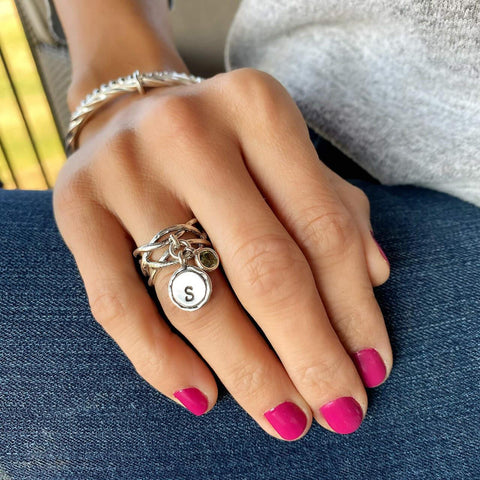 personalized birthstone and initial ring she shines