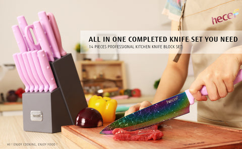 Hecef 14-Piece Kitchen Knife Set with Wooden Block Rainbow Blades,  Dishwasher Safe Titanium Coating Chef Knife Set 