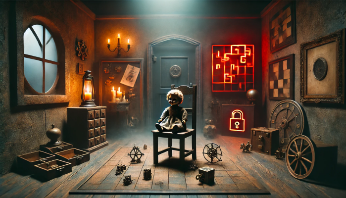 Escape room horror props with cursed doll and red lighting