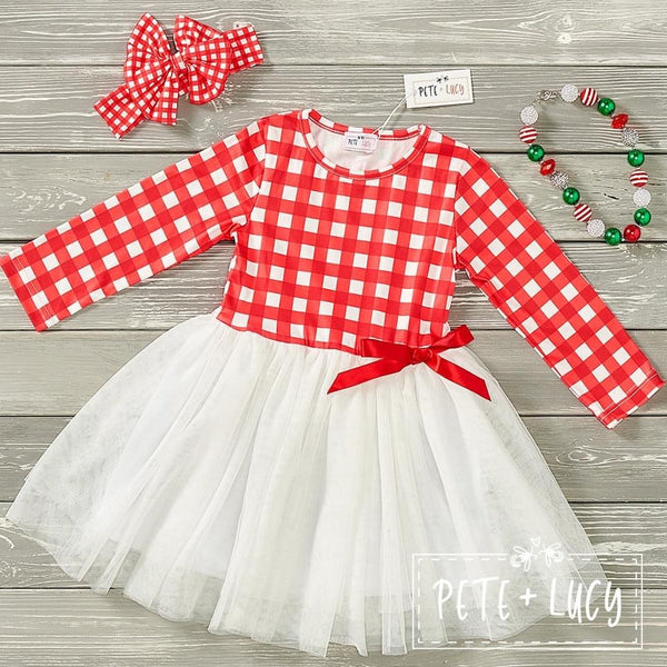 Girls Red & Green Plaid Crochet Trimmed Handkerchief Tunic & Leggings Set