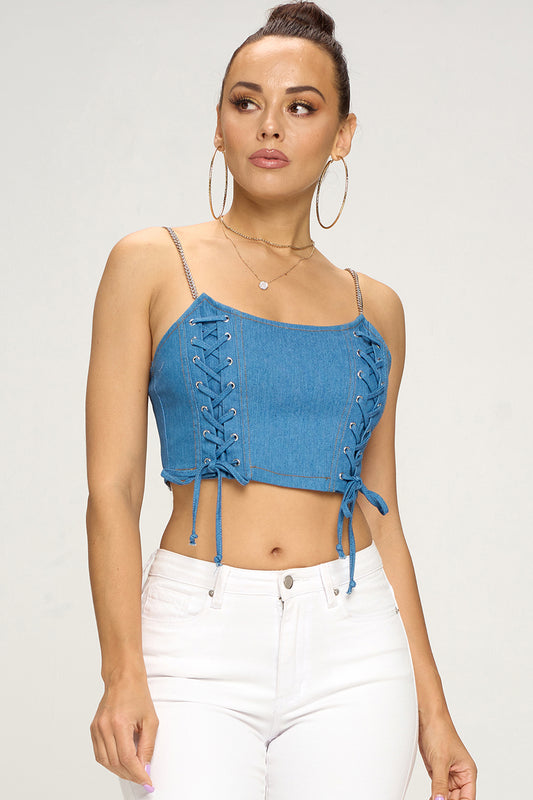 DENIM PADDED ZIPPER BACK CROP TOP