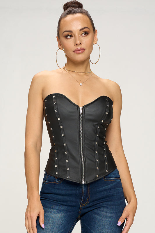 FRONT HOOK CLOSURE FAUX LEATHER BUSTIER TOP – OhYes Fashion