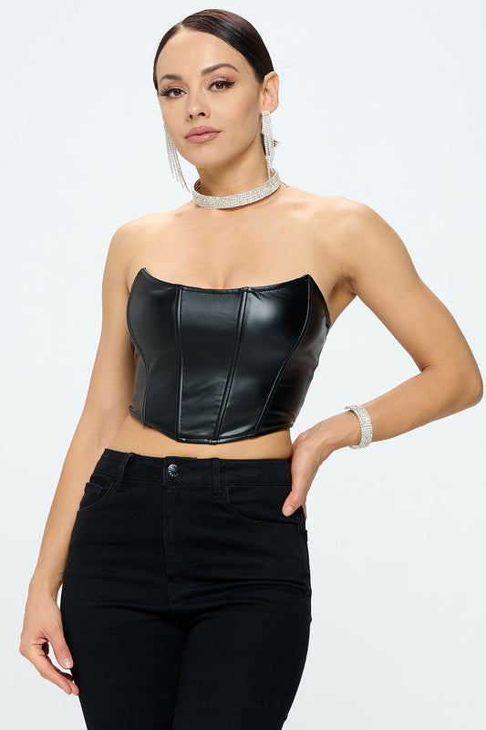 belted pu leather crop tube top