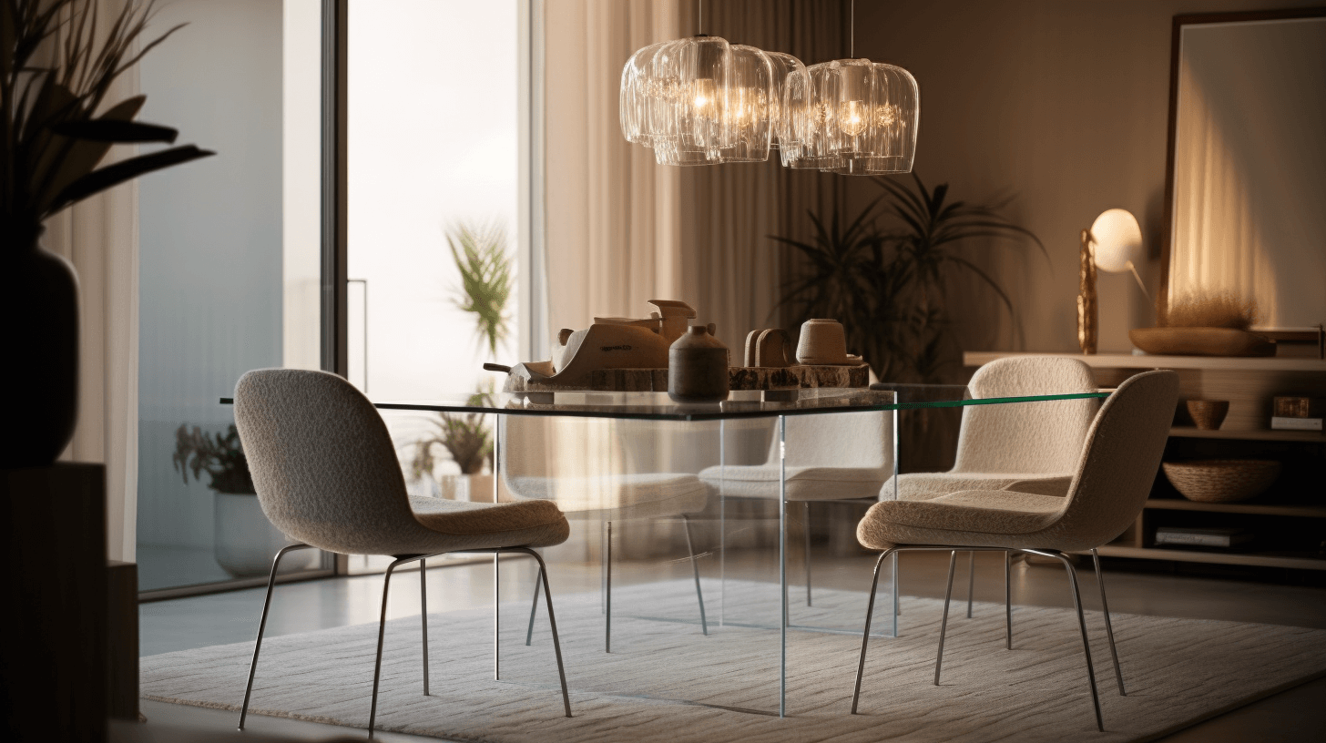 Un comedor moderno con una elegante mesa de cristal y sillas Boucle en primer plano frente a la mesa, con una mesa neutra y una decoración minimalista.