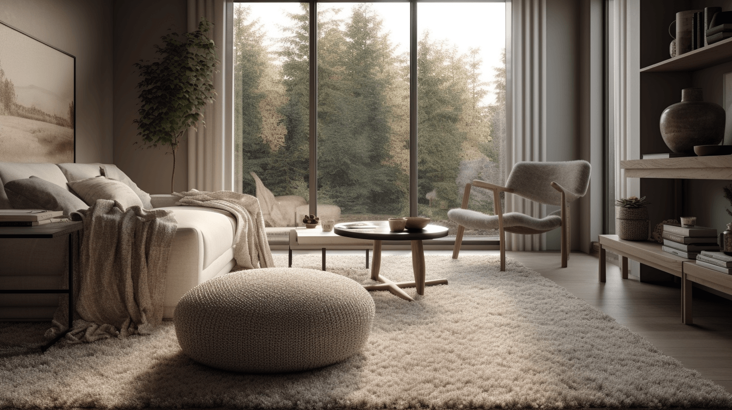 A cozy reading nook in a spacious living room with a Boucle chair and matching ottoman, soft rug