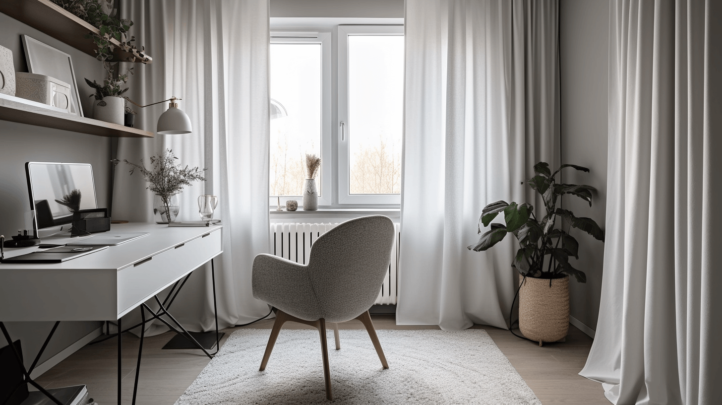 Ein modernes Heimbüro mit einem eleganten Schreibtisch und einem weißen Bouclé-Stuhl