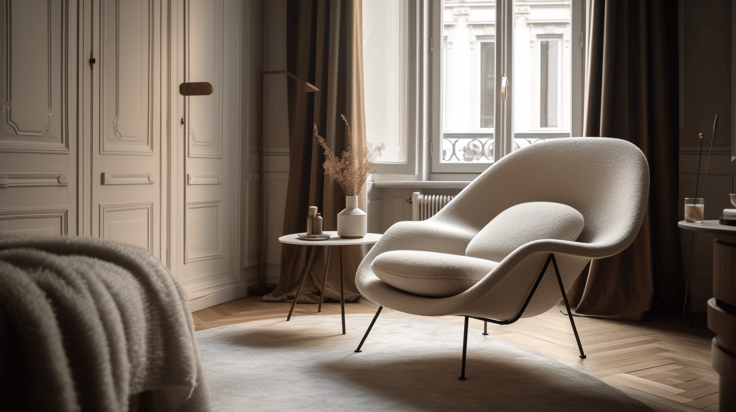 Μοντέρνο υπνοδωμάτιο με καρέκλα Boucle που βλέπει στο μεγάλο παράθυρο, συνοδευόμενη από μάλλινη κουβέρτα και ασορτί μαξιλάρι για ριχτάρι
