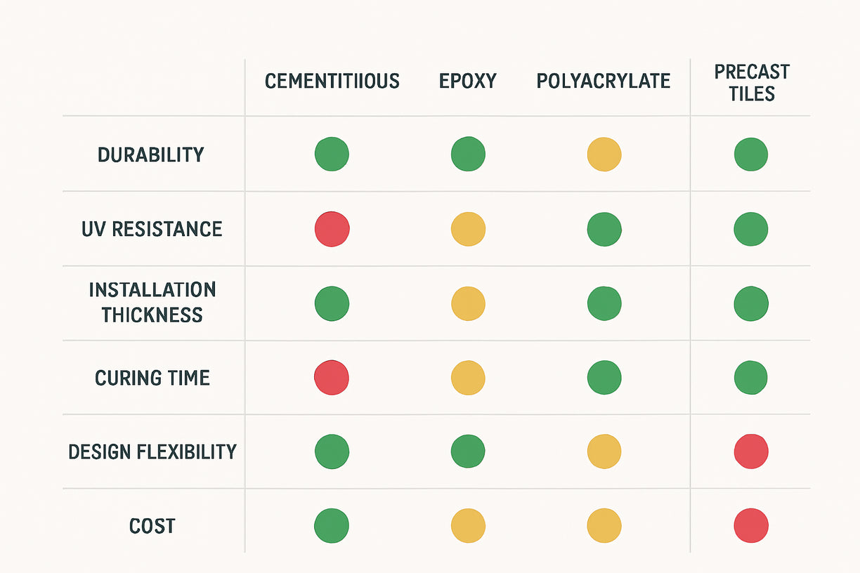 Infographie comparant les types de terrazzo cimentaire, époxy, polyacrylate et préfabriqué en fonction de la durabilité, de la résistance aux UV, de l'épaisseur d'installation, du temps de durcissement, de la flexibilité de conception et du coût.