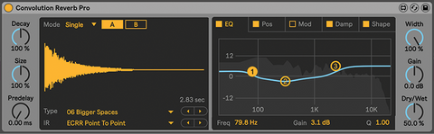 Ableton's convolution reverb, showing a waveform and a EQ graph