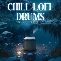 A drum stands on a frozen lake, surrounded by snowy nighttime scenery. Text above reads "chill lofi drums vol #1".