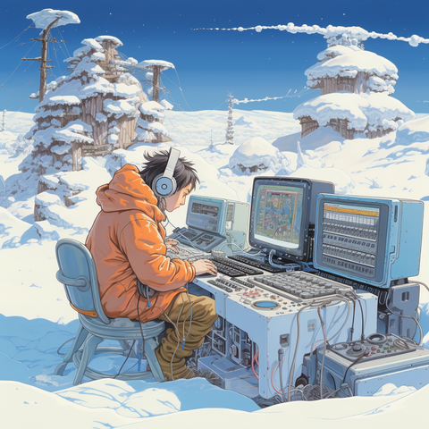 A illustrated music producer sitting at a computer desk in a snowy landscape