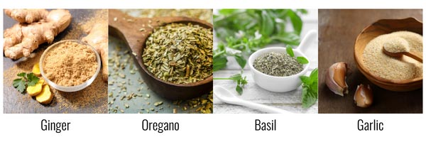 Images of herbs such as ginger, oregano, basil, garlic