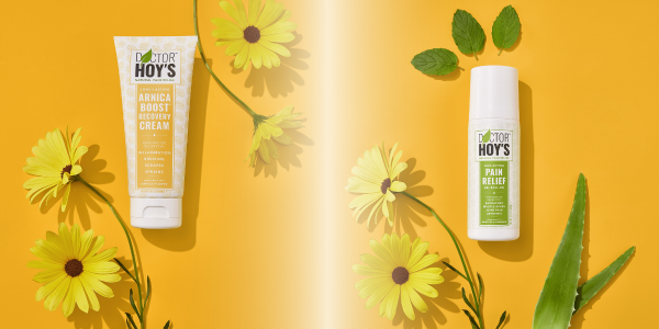 Arnica Cream with yellow flowers and Pain Relief Gel with leaves