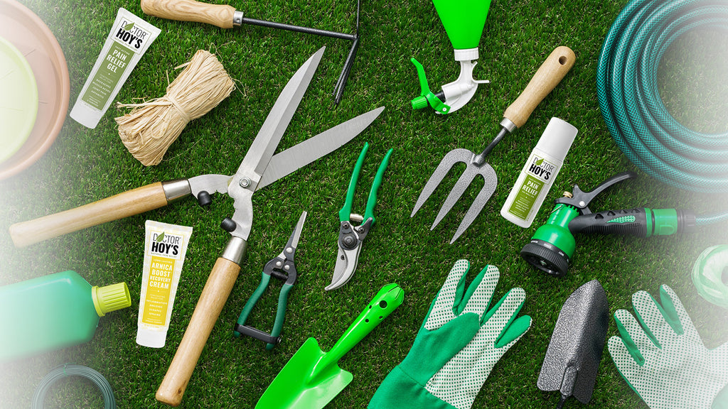Gardening tools and Doctor Hoy’s topicals on grass