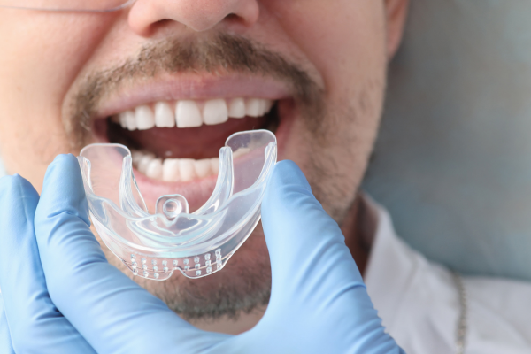 Dentist fitting a patient for a TMJ mouth guard