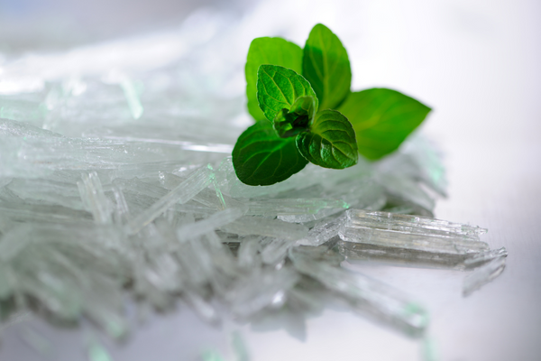 Sprig of mint leaves on top of crystalized menthol