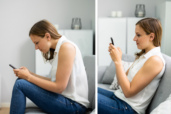 Woman looking at phone with bad posture (left) and good posture (right)