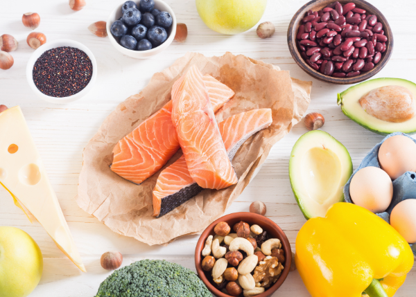 Photo of salmon, nuts, beans, berries and leafy greens