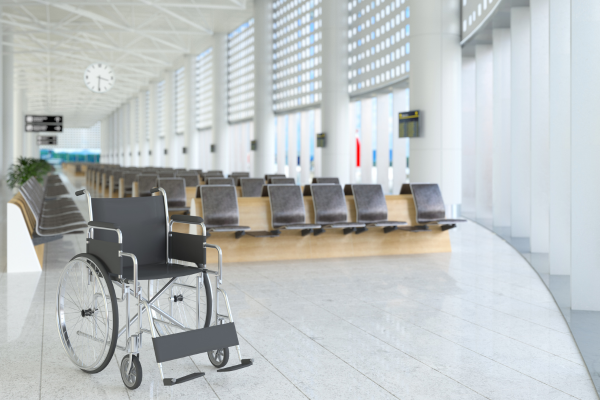 Wheelchair in an airport lobby