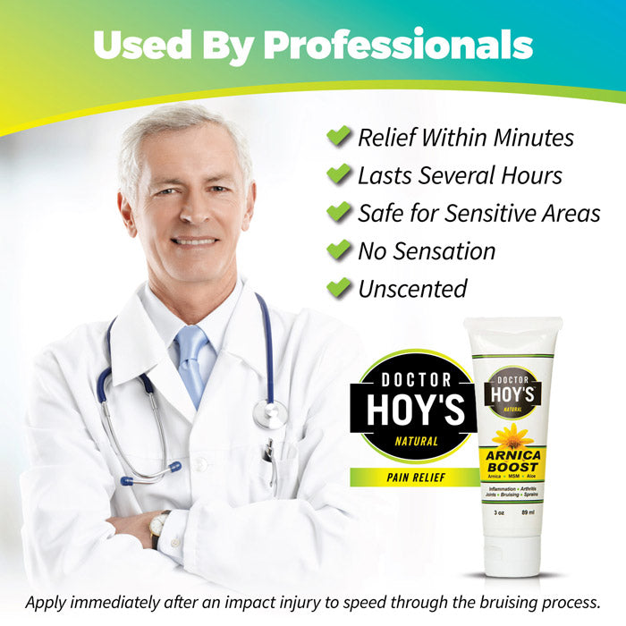 Used by professionals: relief within minutes, lasts several hours, safe for sensitive areas, no sensation, unscented. Arnica Boost in bottle. Apply immediately after an impact injury to speed through the bruising process.