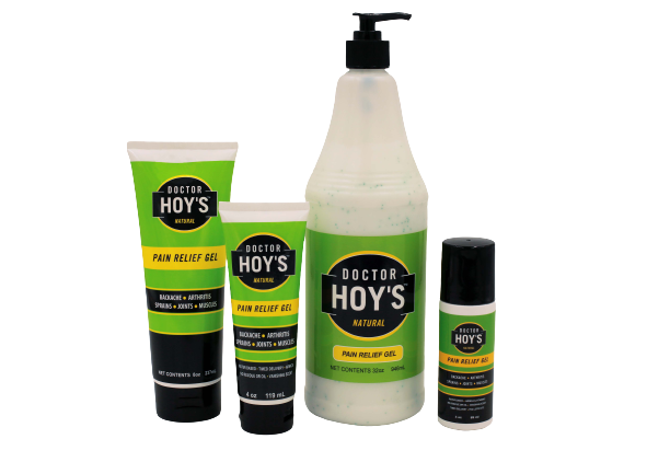 Doctor Hoy's Natural Pain Relief Gel group, 3 ounce, 4 once, 8 ounce, 32 ounce bottles.