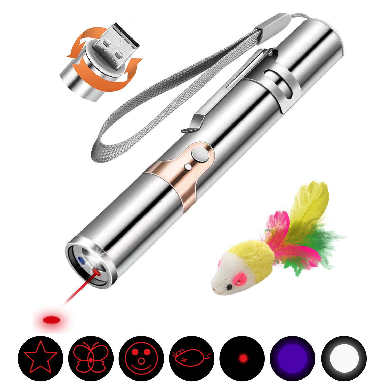FYNIGO Cat Laser Pointer Toy Rechargeable, Lazer Pointer 7 in 1 Function, Interactive Cat Toy for Indoor Cats and Dogs with a Cute Mouse Toy, Laser Cat Toy